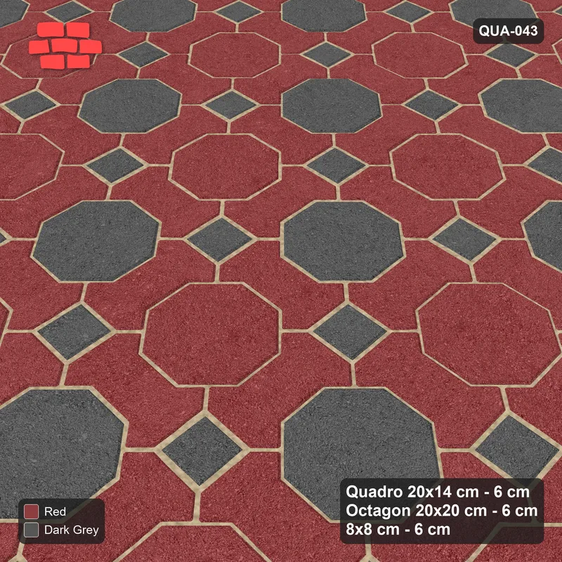 Interlock (Pasco) 20x14 cm · QUA-043 · Quadro-Octagon-8x8 grid, chequered octagons (Rust & Charcoal), no kerb · Side view Interlock (Pasco) 20x14 cm · QUA-043 · Quadro-Octagon-8x8 grid, chequered octagons (Rust & Charcoal), no kerb · Side view