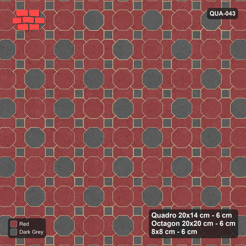 Interlock (Pasco) 20x14 cm · QUA-043 · Quadro-Octagon-8x8 grid, chequered octagons (Rust & Charcoal), no kerb · Top view Interlock (Pasco) 20x14 cm · QUA-043 · Quadro-Octagon-8x8 grid, chequered octagons (Rust & Charcoal), no kerb · Top view