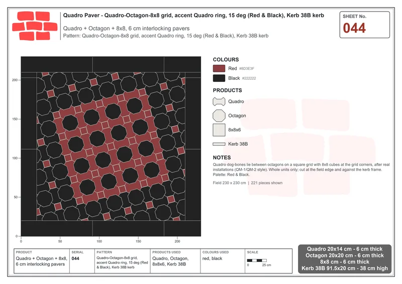 Interlock (Pasco) 20x14 cm · QUA-044 · Quadro-Octagon-8x8 grid, accent Quadro ring, 15 deg (Red & Black), Kerb 38B kerb · Laying plan