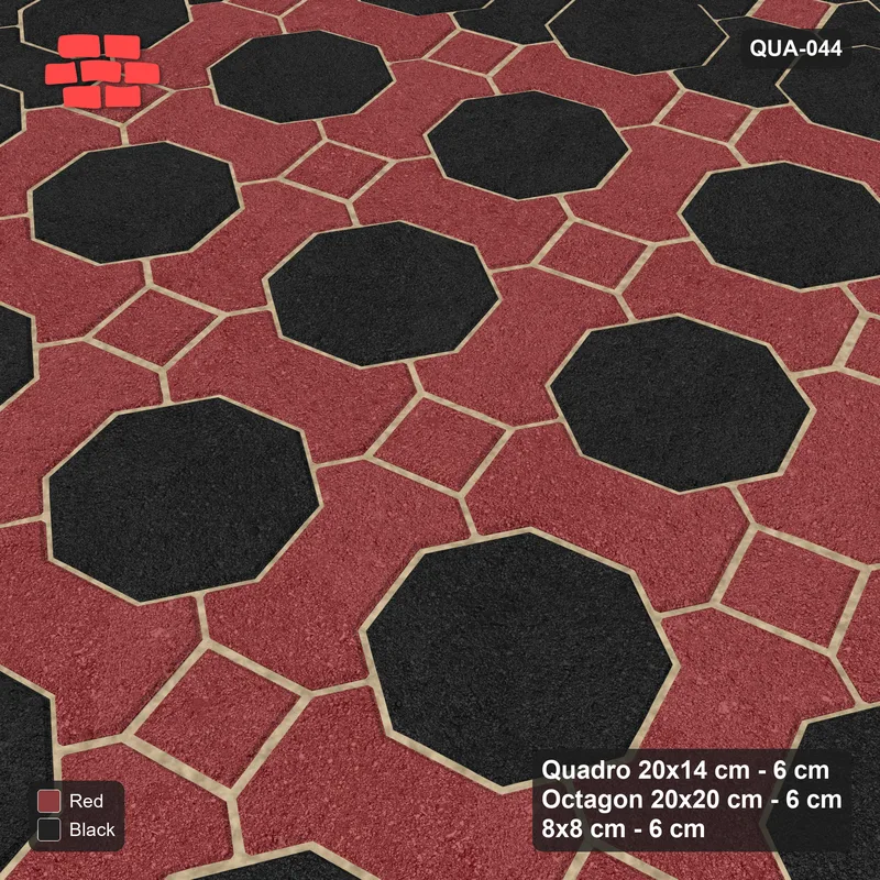 Interlock (Pasco) 20x14 cm · QUA-044 · Quadro-Octagon-8x8 grid, accent Quadro ring, 15 deg (Red & Black), Kerb 38B kerb · Side view Interlock (Pasco) 20x14 cm · QUA-044 · Quadro-Octagon-8x8 grid, accent Quadro ring, 15 deg (Red & Black), Kerb 38B kerb · Side view