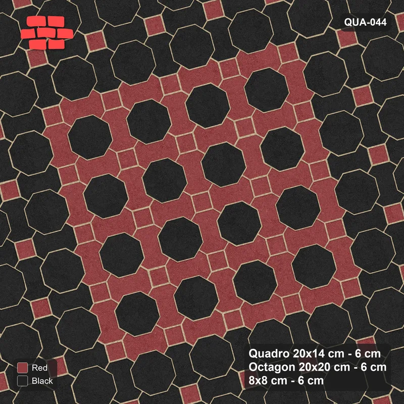 Interlock (Pasco) 20x14 cm · QUA-044 · Quadro-Octagon-8x8 grid, accent Quadro ring, 15 deg (Red & Black), Kerb 38B kerb · Top view Interlock (Pasco) 20x14 cm · QUA-044 · Quadro-Octagon-8x8 grid, accent Quadro ring, 15 deg (Red & Black), Kerb 38B kerb · Top view