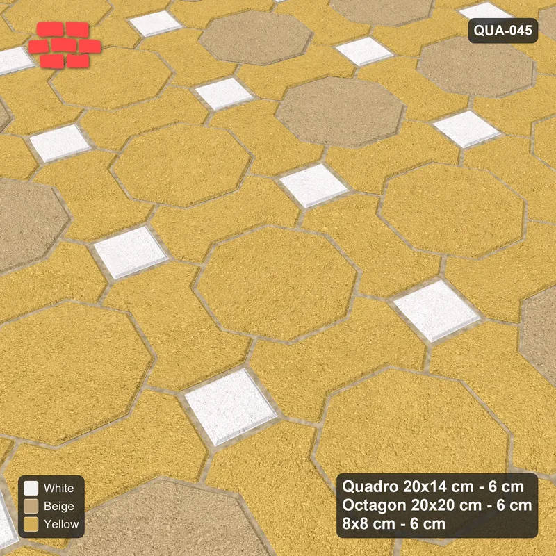 Interlock (Pasco) 20x14 cm · QUA-045 · Quadro-Octagon-8x8 grid, octagon cross, 75 deg (Golden Sand), Kerb 25F kerb · Side view Interlock (Pasco) 20x14 cm · QUA-045 · Quadro-Octagon-8x8 grid, octagon cross, 75 deg (Golden Sand), Kerb 25F kerb · Side view