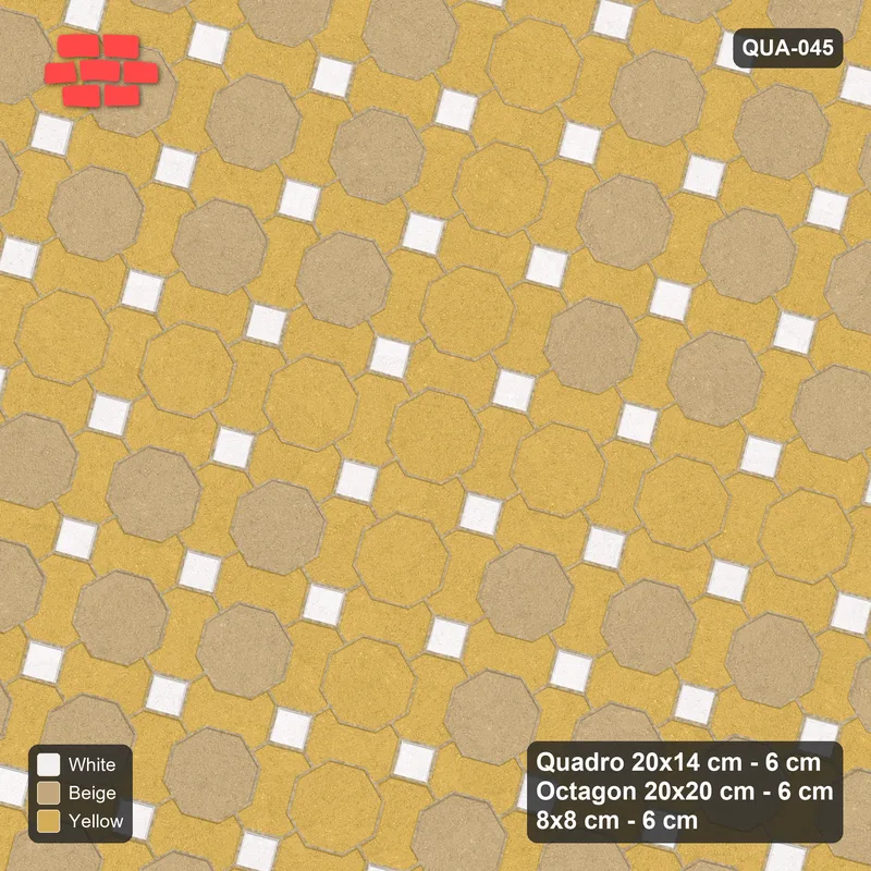 Interlock (Pasco) 20x14 cm · QUA-045 · Quadro-Octagon-8x8 grid, octagon cross, 75 deg (Golden Sand), Kerb 25F kerb · Top view Interlock (Pasco) 20x14 cm · QUA-045 · Quadro-Octagon-8x8 grid, octagon cross, 75 deg (Golden Sand), Kerb 25F kerb · Top view