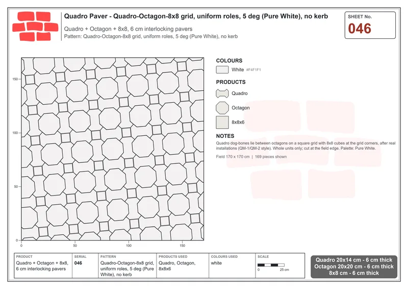Interlock (Pasco) 20x14 cm · QUA-046 · Quadro-Octagon-8x8 grid, uniform roles, 5 deg (Pure White), no kerb · Laying plan