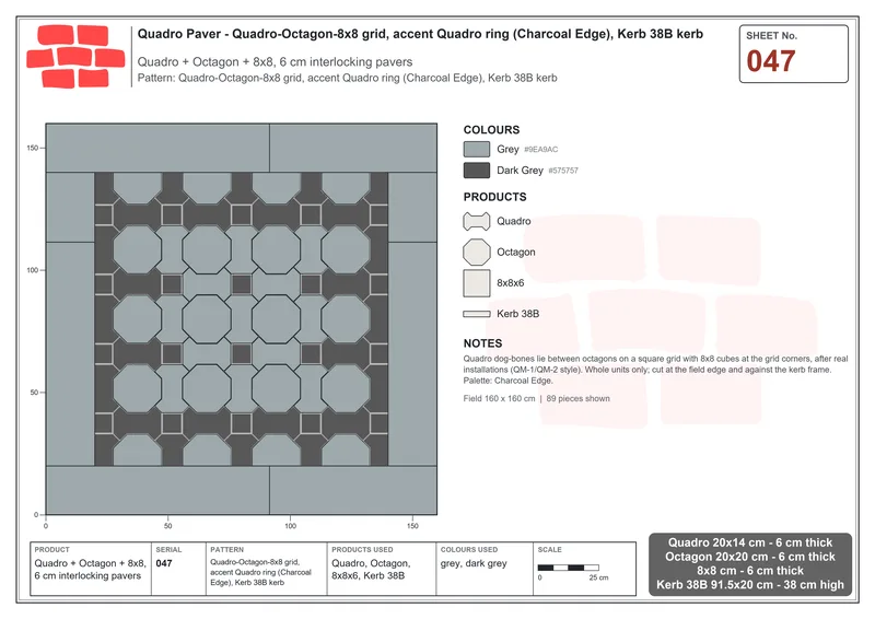 Interlock (Pasco) 20x14 cm · QUA-047 · Quadro-Octagon-8x8 grid, accent Quadro ring (Charcoal Edge), Kerb 38B kerb · Laying plan