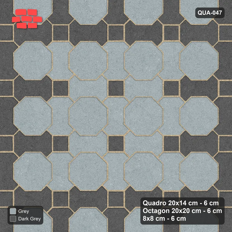 Interlock (Pasco) 20x14 cm · QUA-047 · Quadro-Octagon-8x8 grid, accent Quadro ring (Charcoal Edge), Kerb 38B kerb · Top view Interlock (Pasco) 20x14 cm · QUA-047 · Quadro-Octagon-8x8 grid, accent Quadro ring (Charcoal Edge), Kerb 38B kerb · Top view
