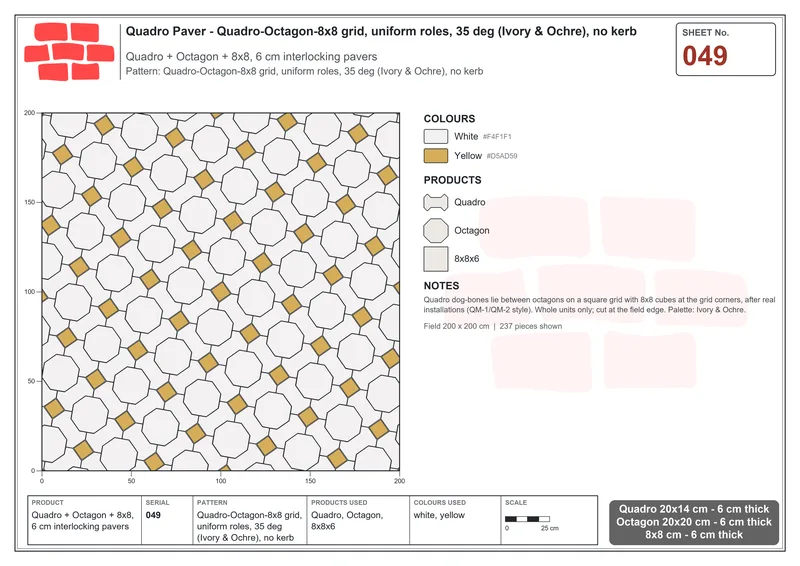 Interlock (Pasco) 20x14 cm · QUA-049 · Quadro-Octagon-8x8 grid, uniform roles, 35 deg (Ivory & Ochre), no kerb · Laying plan