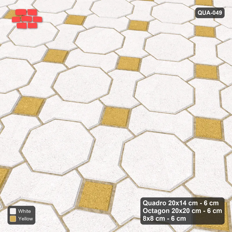 Interlock (Pasco) 20x14 cm · QUA-049 · Quadro-Octagon-8x8 grid, uniform roles, 35 deg (Ivory & Ochre), no kerb · Side view Interlock (Pasco) 20x14 cm · QUA-049 · Quadro-Octagon-8x8 grid, uniform roles, 35 deg (Ivory & Ochre), no kerb · Side view