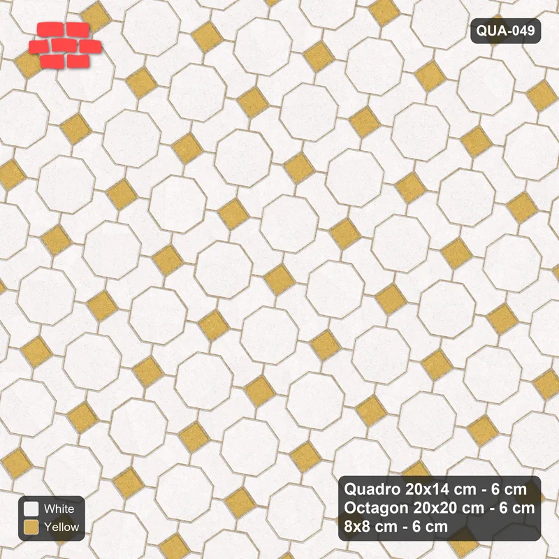 Interlock (Pasco) 20x14 cm · QUA-049 · Quadro-Octagon-8x8 grid, uniform roles, 35 deg (Ivory & Ochre), no kerb · Top view Interlock (Pasco) 20x14 cm · QUA-049 · Quadro-Octagon-8x8 grid, uniform roles, 35 deg (Ivory & Ochre), no kerb · Top view