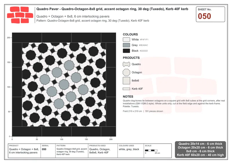 Interlock (Pasco) 20x14 cm · QUA-050 · Quadro-Octagon-8x8 grid, accent octagon ring, 30 deg (Tuxedo), Kerb 40F kerb · Laying plan