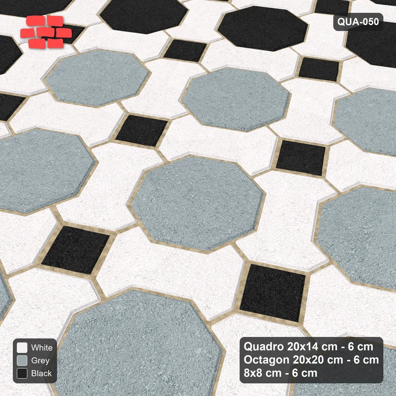 Interlock (Pasco) 20x14 cm · QUA-050 · Quadro-Octagon-8x8 grid, accent octagon ring, 30 deg (Tuxedo), Kerb 40F kerb · Side view Interlock (Pasco) 20x14 cm · QUA-050 · Quadro-Octagon-8x8 grid, accent octagon ring, 30 deg (Tuxedo), Kerb 40F kerb · Side view