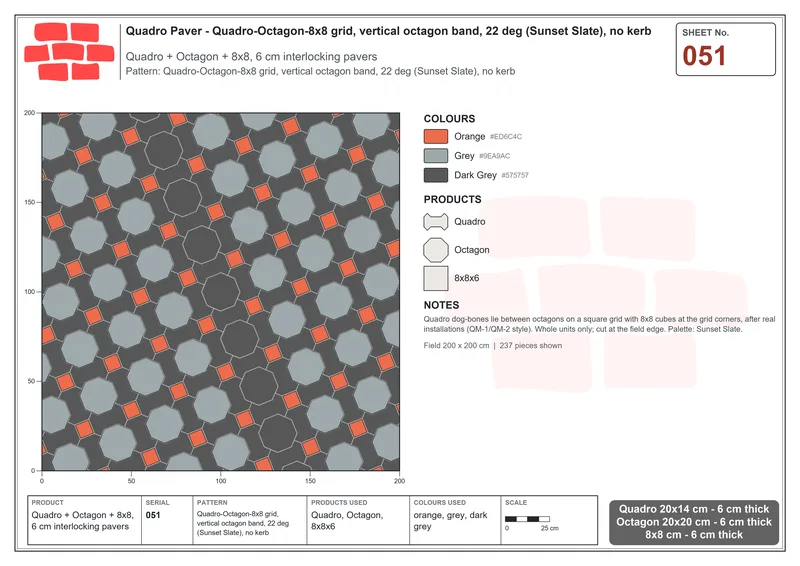 Interlock (Pasco) 20x14 cm · QUA-051 · Quadro-Octagon-8x8 grid, vertical octagon band, 22 deg (Sunset Slate), no kerb · Laying plan