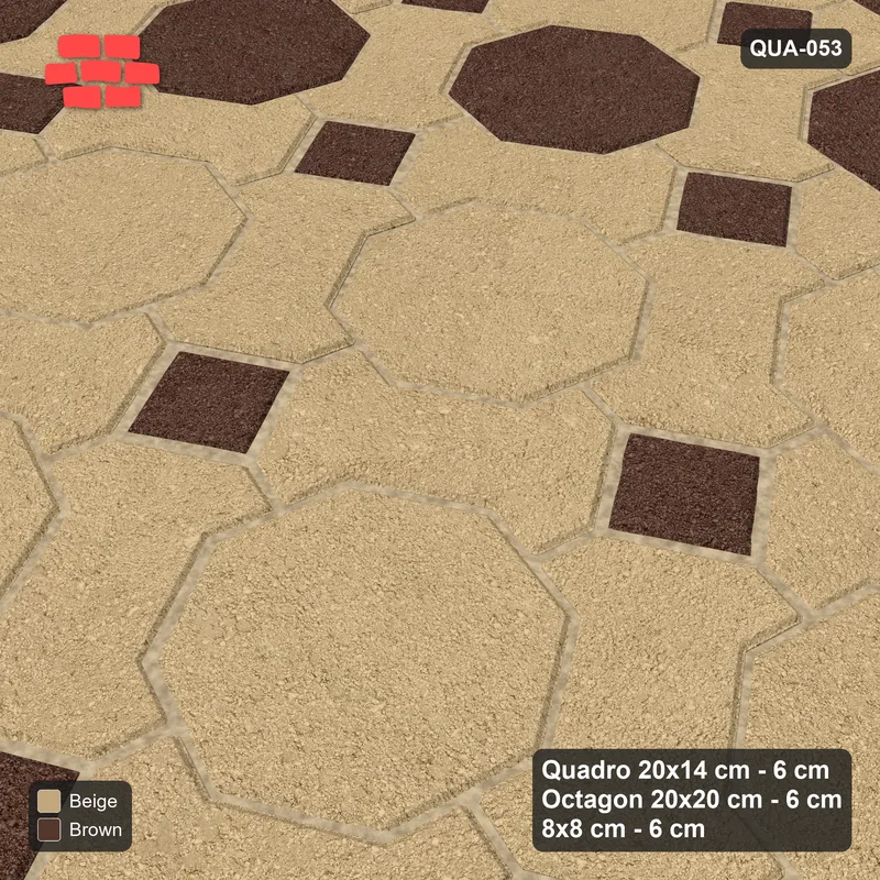 Interlock (Pasco) 20x14 cm · QUA-053 · Quadro-Octagon-8x8 grid, accent octagon ring, 30 deg (Sandstone), Kerb 40F kerb · Side view Interlock (Pasco) 20x14 cm · QUA-053 · Quadro-Octagon-8x8 grid, accent octagon ring, 30 deg (Sandstone), Kerb 40F kerb · Side view