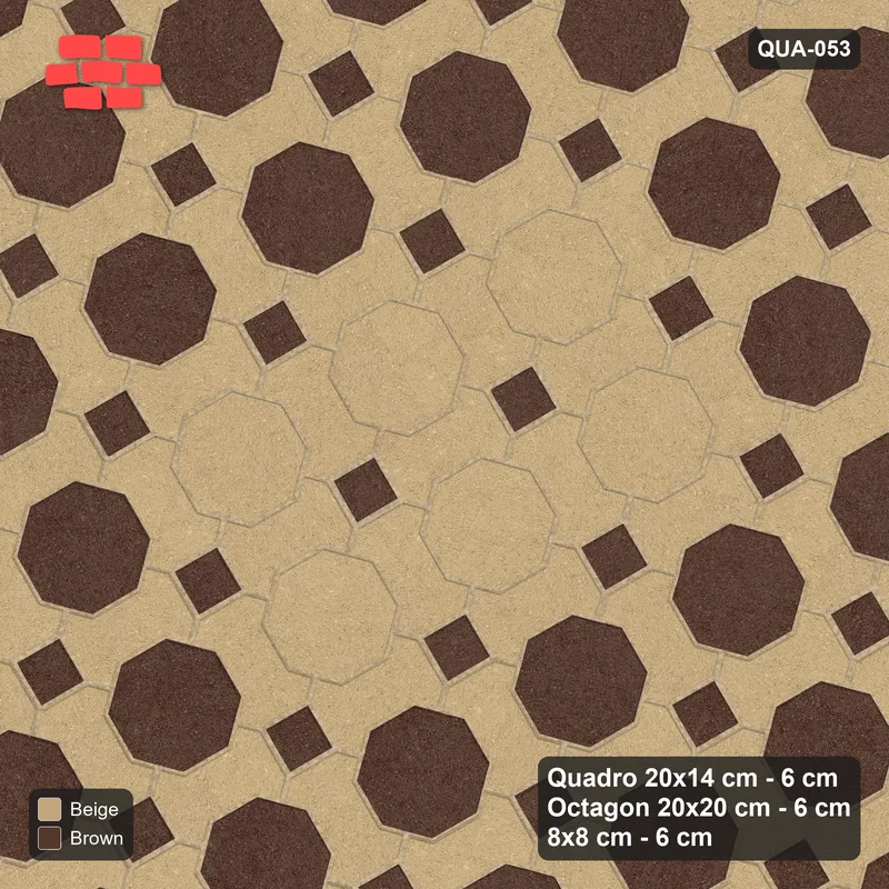 Interlock (Pasco) 20x14 cm · QUA-053 · Quadro-Octagon-8x8 grid, accent octagon ring, 30 deg (Sandstone), Kerb 40F kerb · Top view Interlock (Pasco) 20x14 cm · QUA-053 · Quadro-Octagon-8x8 grid, accent octagon ring, 30 deg (Sandstone), Kerb 40F kerb · Top view