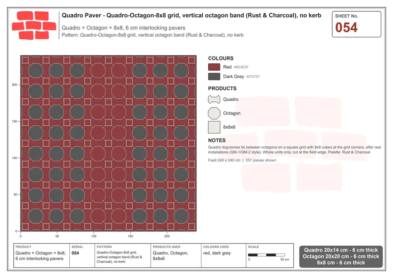 Interlock (Pasco) 20x14 cm · QUA-054 · Quadro-Octagon-8x8 grid, vertical octagon band (Rust & Charcoal), no kerb · Laying plan