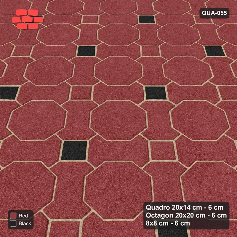 Interlock (Pasco) 20x14 cm · QUA-055 · Quadro-Octagon-8x8 grid, chequered cubes, 45 deg (Red & Black), no kerb · Side view Interlock (Pasco) 20x14 cm · QUA-055 · Quadro-Octagon-8x8 grid, chequered cubes, 45 deg (Red & Black), no kerb · Side view