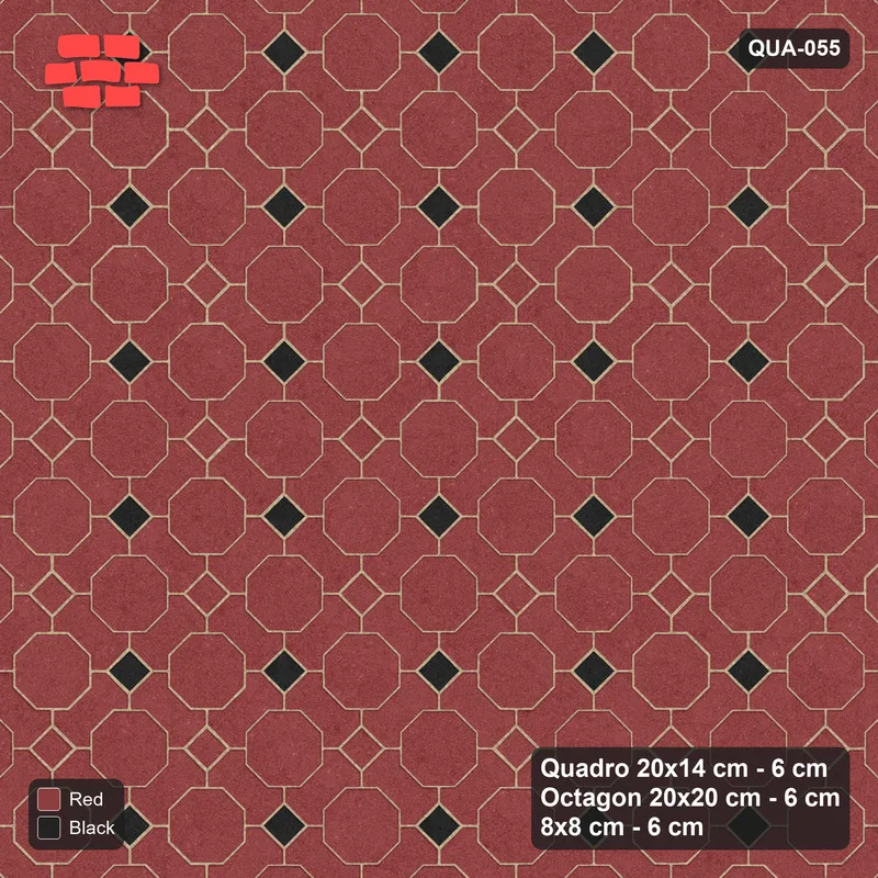 Interlock (Pasco) 20x14 cm · QUA-055 · Quadro-Octagon-8x8 grid, chequered cubes, 45 deg (Red & Black), no kerb · Top view Interlock (Pasco) 20x14 cm · QUA-055 · Quadro-Octagon-8x8 grid, chequered cubes, 45 deg (Red & Black), no kerb · Top view