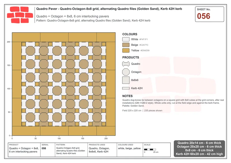 Interlock (Pasco) 20x14 cm · QUA-056 · Quadro-Octagon-8x8 grid, alternating Quadro files (Golden Sand), Kerb 42H kerb · Laying plan