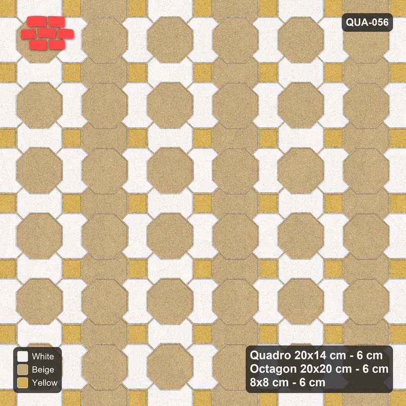 Interlock (Pasco) 20x14 cm · QUA-056 · Quadro-Octagon-8x8 grid, alternating Quadro files (Golden Sand), Kerb 42H kerb · Top view Interlock (Pasco) 20x14 cm · QUA-056 · Quadro-Octagon-8x8 grid, alternating Quadro files (Golden Sand), Kerb 42H kerb · Top view
