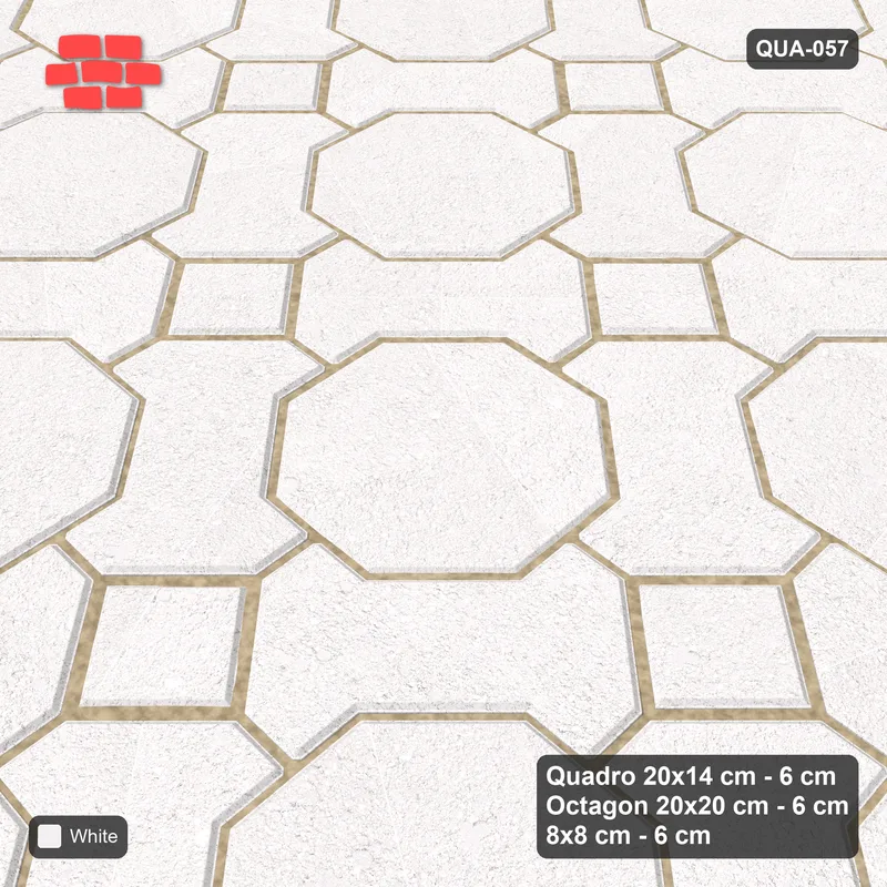 Interlock (Pasco) 20x14 cm · QUA-057 · Quadro-Octagon-8x8 grid, uniform roles, 45 deg (Pure White), Kerb 25B kerb · Side view Interlock (Pasco) 20x14 cm · QUA-057 · Quadro-Octagon-8x8 grid, uniform roles, 45 deg (Pure White), Kerb 25B kerb · Side view