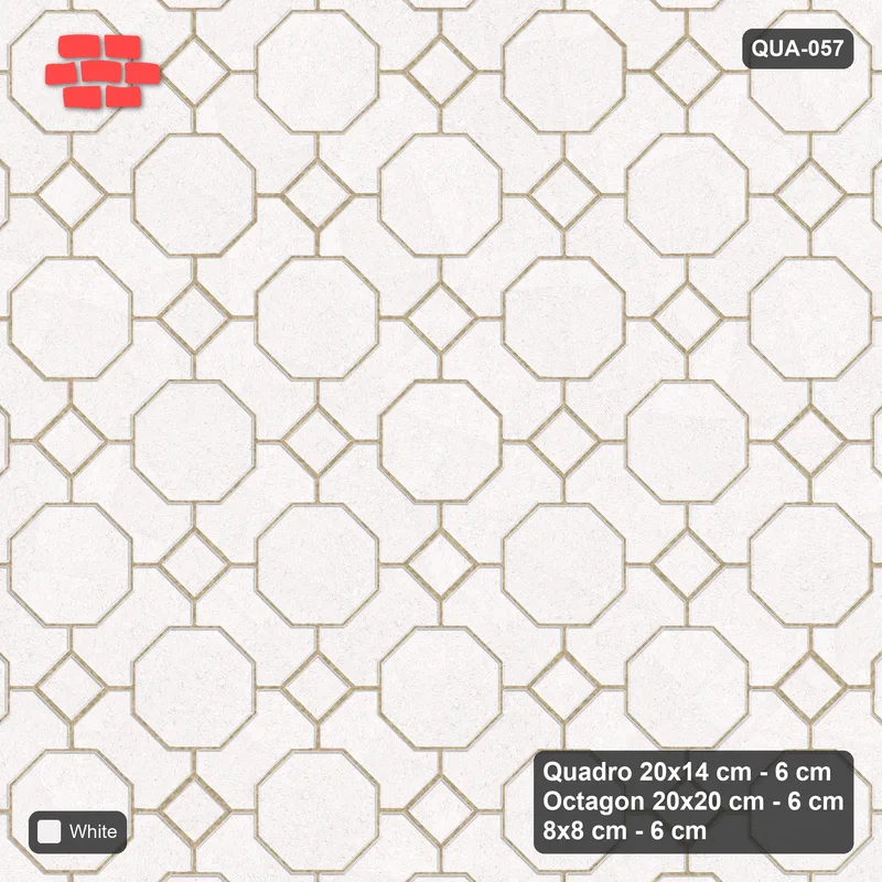 Interlock (Pasco) 20x14 cm · QUA-057 · Quadro-Octagon-8x8 grid, uniform roles, 45 deg (Pure White), Kerb 25B kerb · Top view Interlock (Pasco) 20x14 cm · QUA-057 · Quadro-Octagon-8x8 grid, uniform roles, 45 deg (Pure White), Kerb 25B kerb · Top view