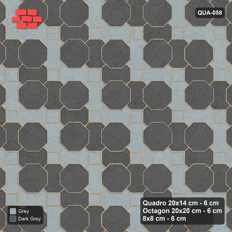 Interlock (Pasco) 20x14 cm · QUA-058 · Quadro-Octagon-8x8 grid, chequered Quadros (Charcoal Edge), no kerb · Top view Interlock (Pasco) 20x14 cm · QUA-058 · Quadro-Octagon-8x8 grid, chequered Quadros (Charcoal Edge), no kerb · Top view