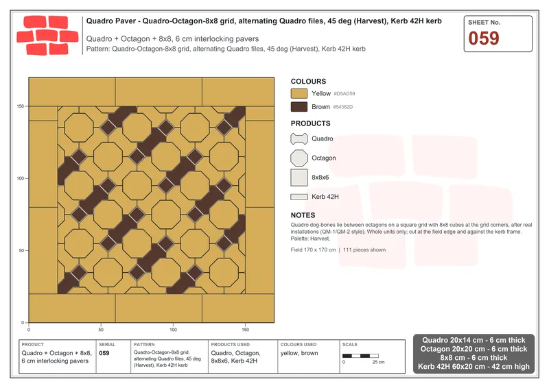 Interlock (Pasco) 20x14 cm · QUA-059 · Quadro-Octagon-8x8 grid, alternating Quadro files, 45 deg (Harvest), Kerb 42H kerb · Laying plan