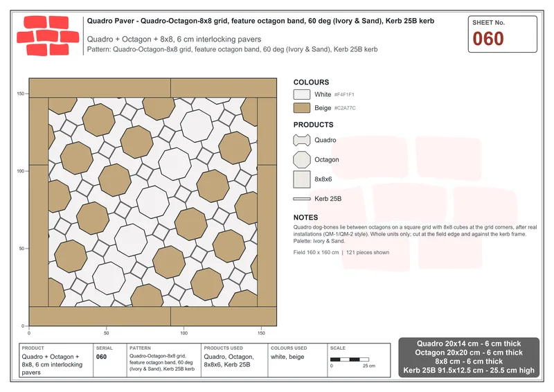 Interlock (Pasco) 20x14 cm · QUA-060 · Quadro-Octagon-8x8 grid, feature octagon band, 60 deg (Ivory & Sand), Kerb 25B kerb · Laying plan