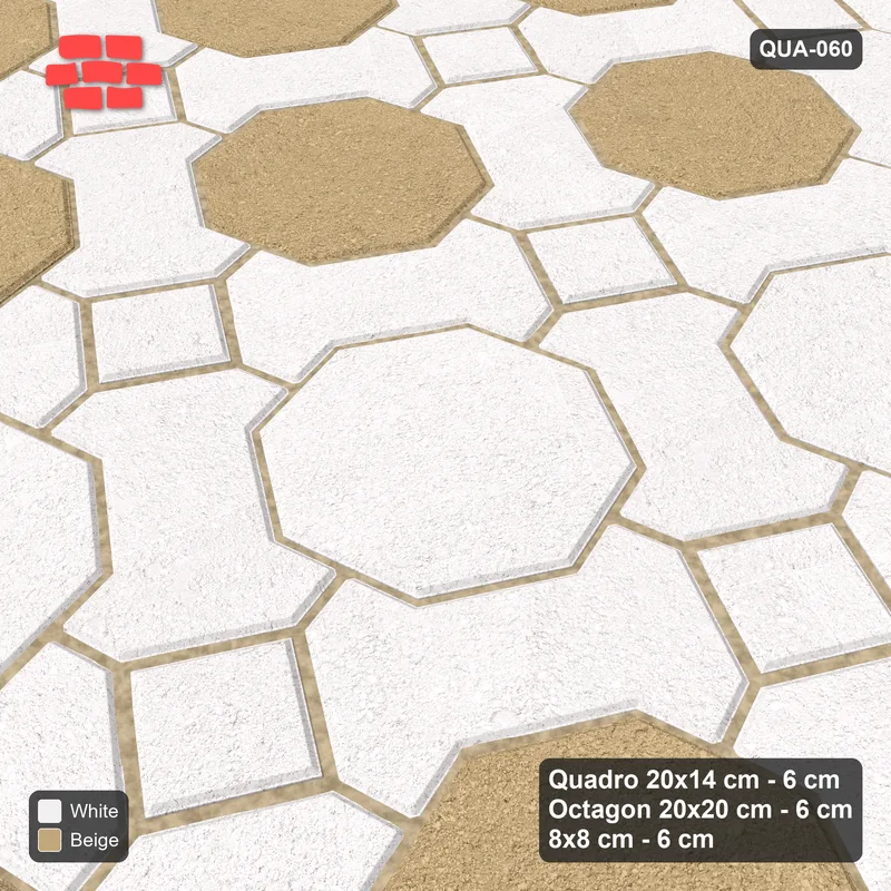 Interlock (Pasco) 20x14 cm · QUA-060 · Quadro-Octagon-8x8 grid, feature octagon band, 60 deg (Ivory & Sand), Kerb 25B kerb · Side view Interlock (Pasco) 20x14 cm · QUA-060 · Quadro-Octagon-8x8 grid, feature octagon band, 60 deg (Ivory & Sand), Kerb 25B kerb · Side view