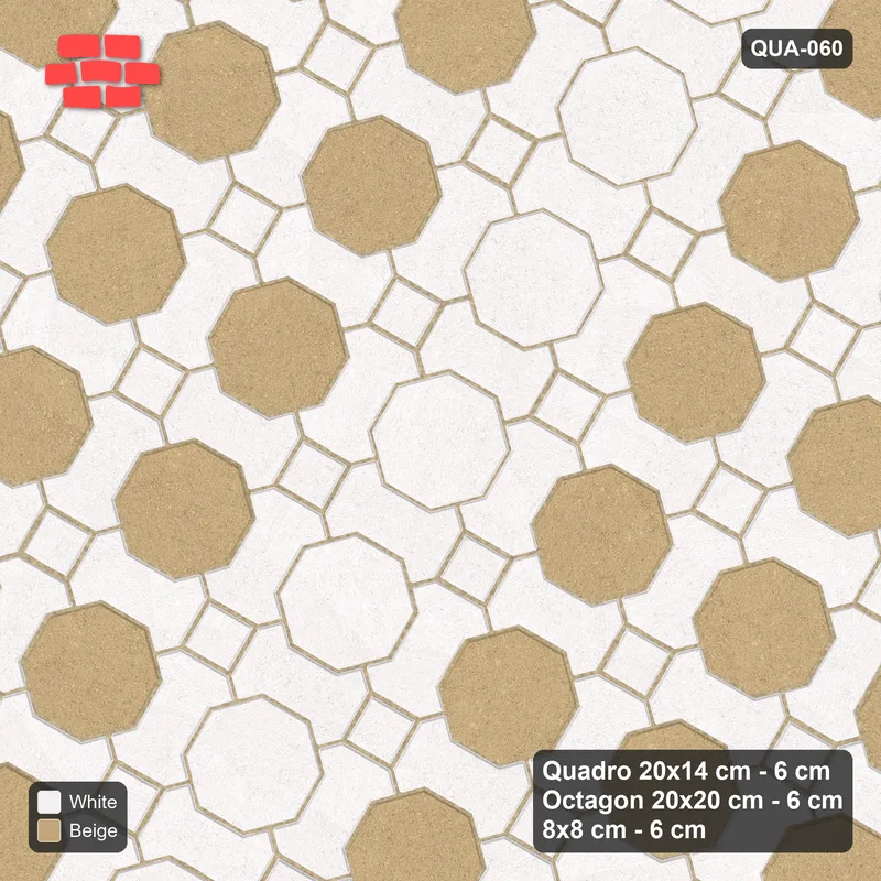 Interlock (Pasco) 20x14 cm · QUA-060 · Quadro-Octagon-8x8 grid, feature octagon band, 60 deg (Ivory & Sand), Kerb 25B kerb · Top view Interlock (Pasco) 20x14 cm · QUA-060 · Quadro-Octagon-8x8 grid, feature octagon band, 60 deg (Ivory & Sand), Kerb 25B kerb · Top view
