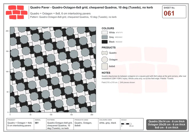 Interlock (Pasco) 20x14 cm · QUA-061 · Quadro-Octagon-8x8 grid, chequered Quadros, 10 deg (Tuxedo), no kerb · Laying plan
