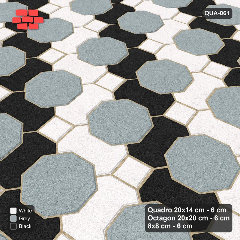 Interlock (Pasco) 20x14 cm · QUA-061 · Quadro-Octagon-8x8 grid, chequered Quadros, 10 deg (Tuxedo), no kerb · Side view Interlock (Pasco) 20x14 cm · QUA-061 · Quadro-Octagon-8x8 grid, chequered Quadros, 10 deg (Tuxedo), no kerb · Side view