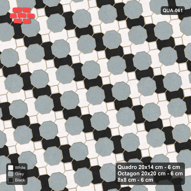Interlock (Pasco) 20x14 cm · QUA-061 · Quadro-Octagon-8x8 grid, chequered Quadros, 10 deg (Tuxedo), no kerb · Top view Interlock (Pasco) 20x14 cm · QUA-061 · Quadro-Octagon-8x8 grid, chequered Quadros, 10 deg (Tuxedo), no kerb · Top view