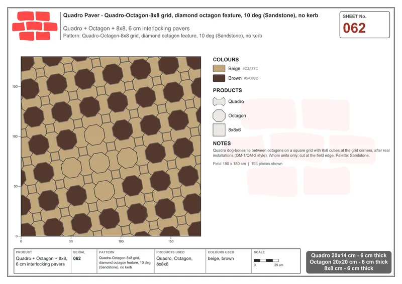 Interlock (Pasco) 20x14 cm · QUA-062 · Quadro-Octagon-8x8 grid, diamond octagon feature, 10 deg (Sandstone), no kerb · Laying plan