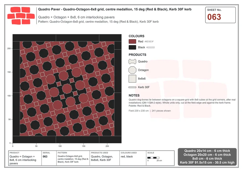 Interlock (Pasco) 20x14 cm · QUA-063 · Quadro-Octagon-8x8 grid, centre medallion, 15 deg (Red & Black), Kerb 30F kerb · Laying plan