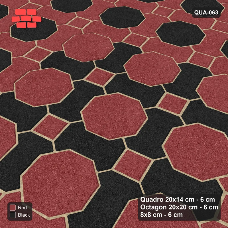 Interlock (Pasco) 20x14 cm · QUA-063 · Quadro-Octagon-8x8 grid, centre medallion, 15 deg (Red & Black), Kerb 30F kerb · Side view Interlock (Pasco) 20x14 cm · QUA-063 · Quadro-Octagon-8x8 grid, centre medallion, 15 deg (Red & Black), Kerb 30F kerb · Side view