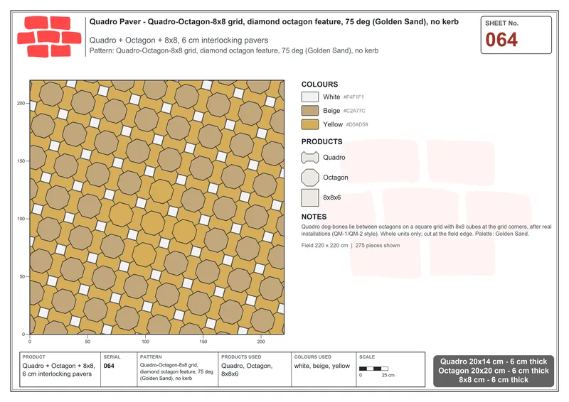 Interlock (Pasco) 20x14 cm · QUA-064 · Quadro-Octagon-8x8 grid, diamond octagon feature, 75 deg (Golden Sand), no kerb · Laying plan