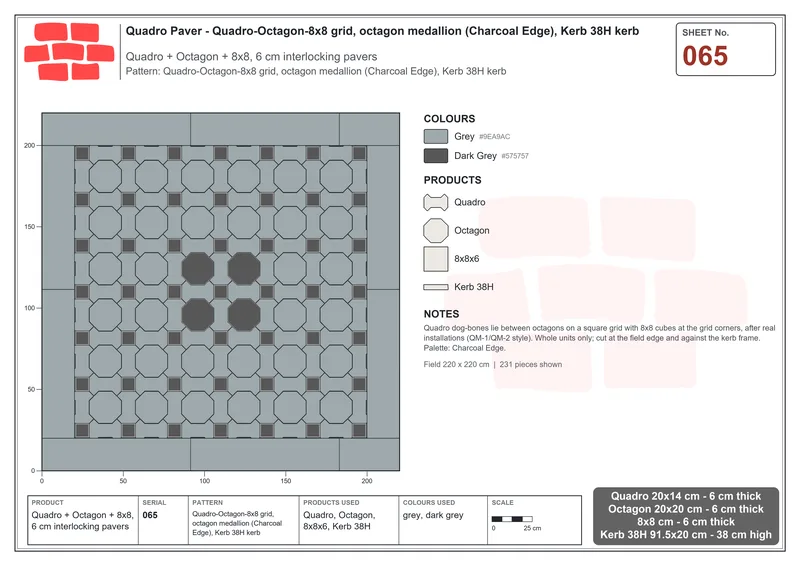 Interlock (Pasco) 20x14 cm · QUA-065 · Quadro-Octagon-8x8 grid, octagon medallion (Charcoal Edge), Kerb 38H kerb · Laying plan
