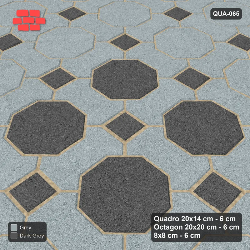 Interlock (Pasco) 20x14 cm · QUA-065 · Quadro-Octagon-8x8 grid, octagon medallion (Charcoal Edge), Kerb 38H kerb · Side view Interlock (Pasco) 20x14 cm · QUA-065 · Quadro-Octagon-8x8 grid, octagon medallion (Charcoal Edge), Kerb 38H kerb · Side view