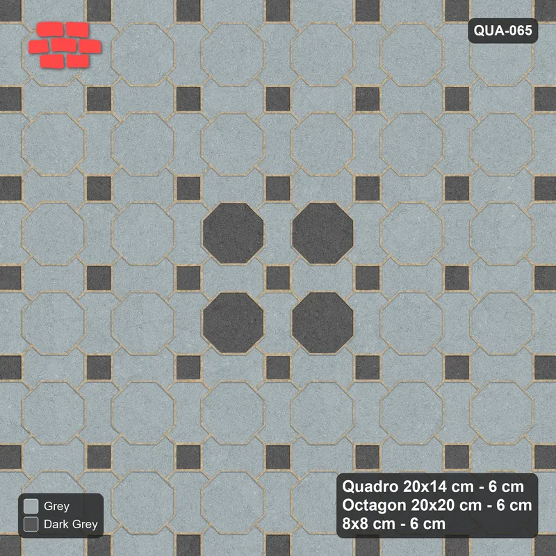 Interlock (Pasco) 20x14 cm · QUA-065 · Quadro-Octagon-8x8 grid, octagon medallion (Charcoal Edge), Kerb 38H kerb · Top view Interlock (Pasco) 20x14 cm · QUA-065 · Quadro-Octagon-8x8 grid, octagon medallion (Charcoal Edge), Kerb 38H kerb · Top view