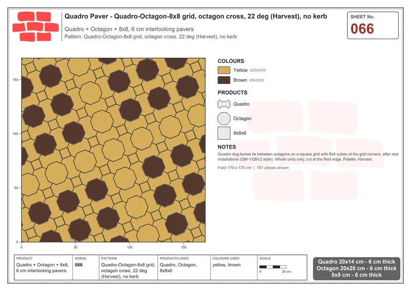 Interlock (Pasco) 20x14 cm · QUA-066 · Quadro-Octagon-8x8 grid, octagon cross, 22 deg (Harvest), no kerb · Laying plan