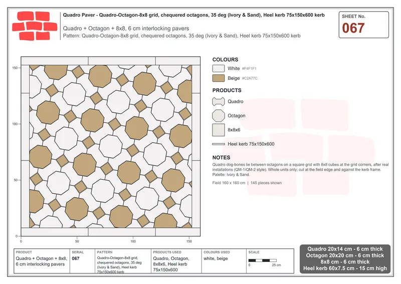 Interlock (Pasco) 20x14 cm · QUA-067 · Quadro-Octagon-8x8 grid, chequered octagons, 35 deg (Ivory & Sand), Heel kerb 75x150x600 kerb · Laying plan