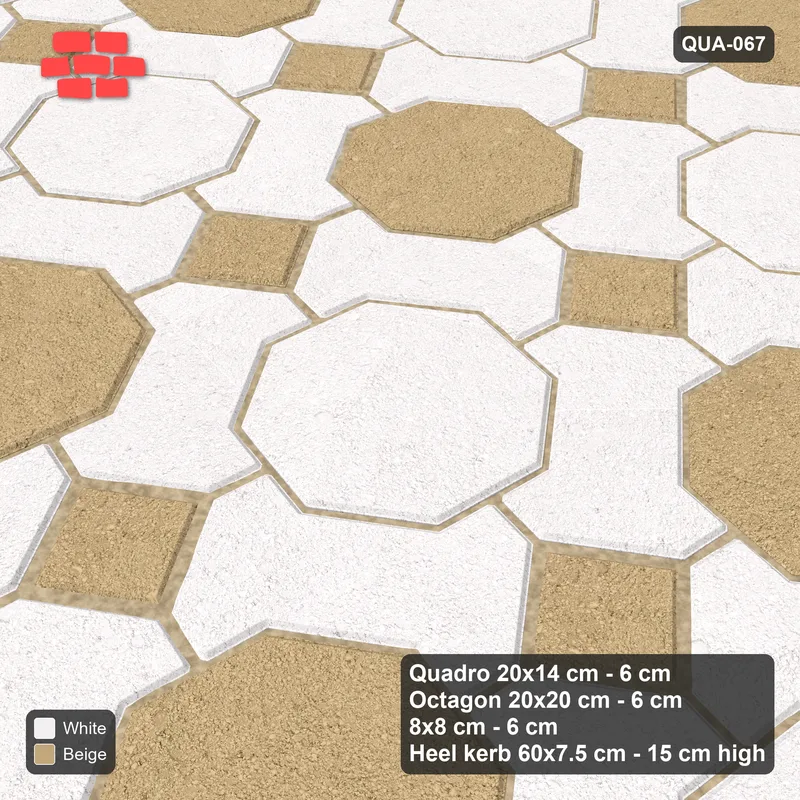 Interlock (Pasco) 20x14 cm · QUA-067 · Quadro-Octagon-8x8 grid, chequered octagons, 35 deg (Ivory & Sand), Heel kerb 75x150x600 kerb · Side view Interlock (Pasco) 20x14 cm · QUA-067 · Quadro-Octagon-8x8 grid, chequered octagons, 35 deg (Ivory & Sand), Heel kerb 75x150x600 kerb · Side view