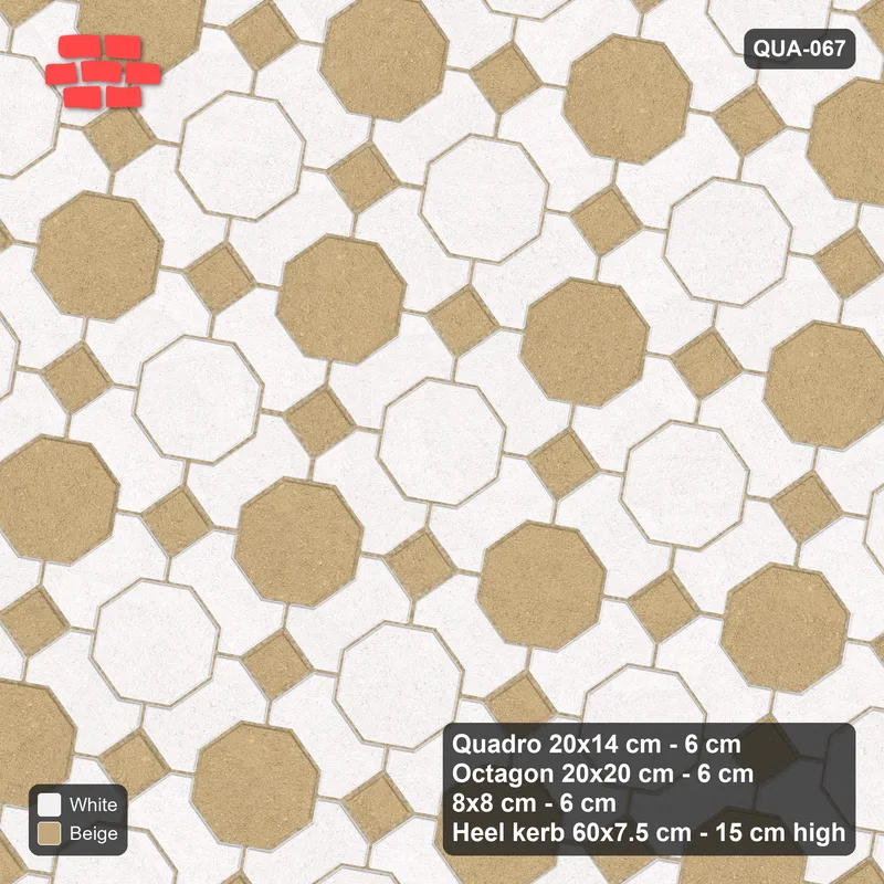 Interlock (Pasco) 20x14 cm · QUA-067 · Quadro-Octagon-8x8 grid, chequered octagons, 35 deg (Ivory & Sand), Heel kerb 75x150x600 kerb · Top view Interlock (Pasco) 20x14 cm · QUA-067 · Quadro-Octagon-8x8 grid, chequered octagons, 35 deg (Ivory & Sand), Heel kerb 75x150x600 kerb · Top view