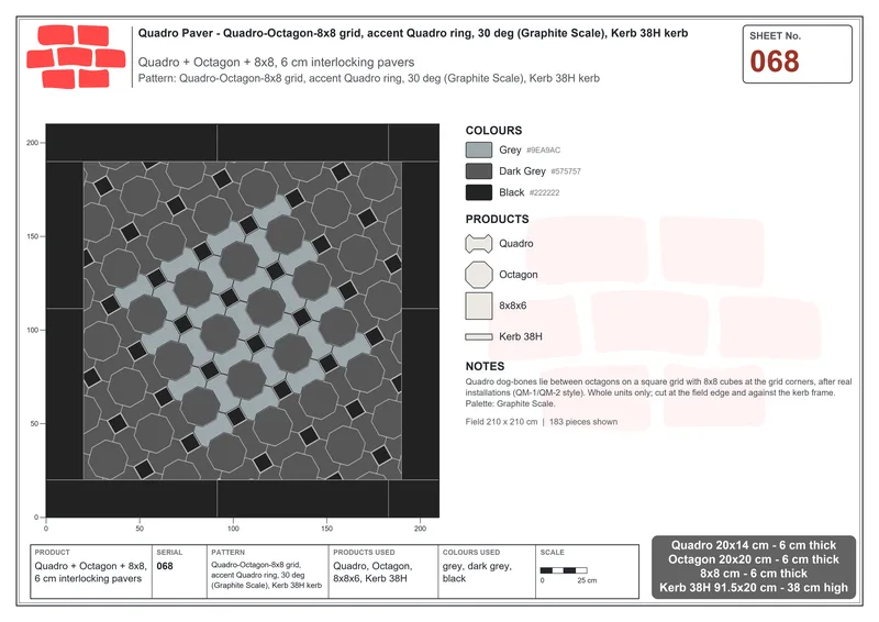 Interlock (Pasco) 20x14 cm · QUA-068 · Quadro-Octagon-8x8 grid, accent Quadro ring, 30 deg (Graphite Scale), Kerb 38H kerb · Laying plan