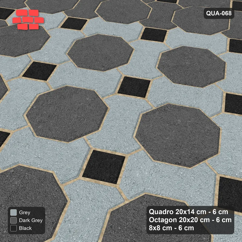 Interlock (Pasco) 20x14 cm · QUA-068 · Quadro-Octagon-8x8 grid, accent Quadro ring, 30 deg (Graphite Scale), Kerb 38H kerb · Side view Interlock (Pasco) 20x14 cm · QUA-068 · Quadro-Octagon-8x8 grid, accent Quadro ring, 30 deg (Graphite Scale), Kerb 38H kerb · Side view