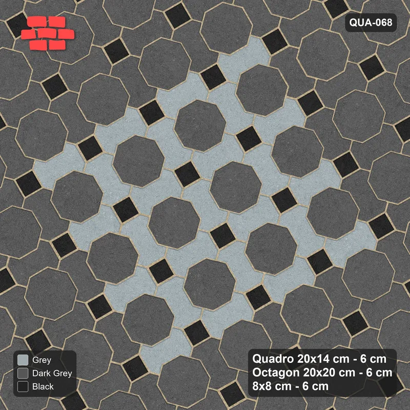 Interlock (Pasco) 20x14 cm · QUA-068 · Quadro-Octagon-8x8 grid, accent Quadro ring, 30 deg (Graphite Scale), Kerb 38H kerb · Top view Interlock (Pasco) 20x14 cm · QUA-068 · Quadro-Octagon-8x8 grid, accent Quadro ring, 30 deg (Graphite Scale), Kerb 38H kerb · Top view