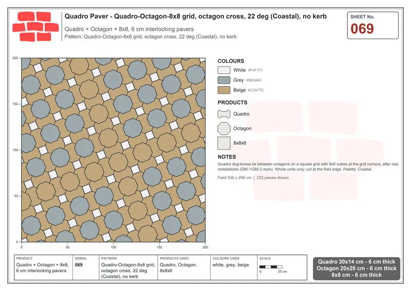 Interlock (Pasco) 20x14 cm · QUA-069 · Quadro-Octagon-8x8 grid, octagon cross, 22 deg (Coastal), no kerb · Laying plan