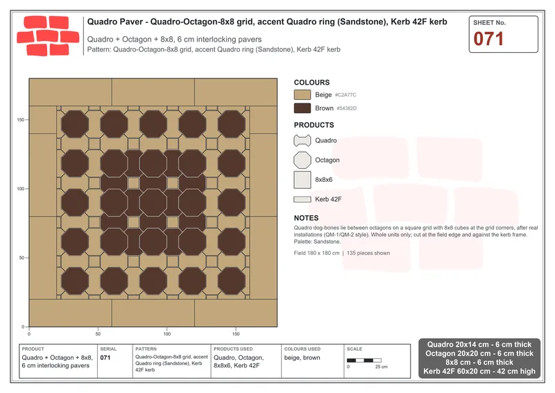 Interlock (Pasco) 20x14 cm · QUA-071 · Quadro-Octagon-8x8 grid, accent Quadro ring (Sandstone), Kerb 42F kerb · Laying plan