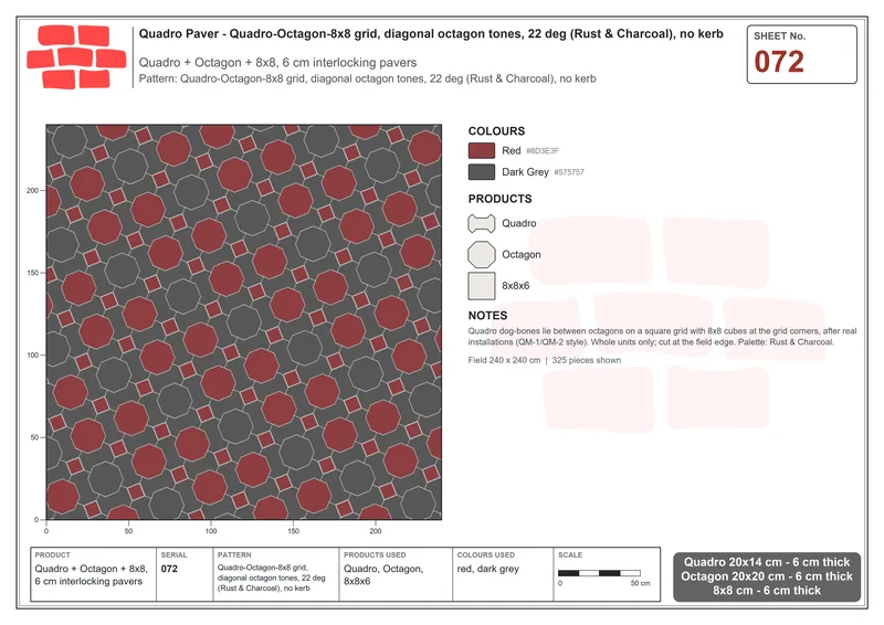 Interlock (Pasco) 20x14 cm · QUA-072 · Quadro-Octagon-8x8 grid, diagonal octagon tones, 22 deg (Rust & Charcoal), no kerb · Laying plan